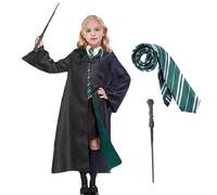 Aleshime Childs Wizard Costume - Black Hooded Robe with Striped Tie and Branch Wand - Kids World Book Day Book Week Halloween Fancy Dress Costume Outfit