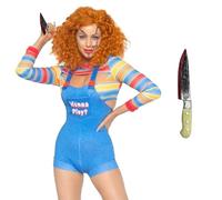 Aleshime Chucky Costume Women Halloween Fancy Dress, Ladies Scary Nightmare Killer Doll Wanna Play Movie Character Bodysuit Chucky Doll Cosplay Costume Set (Blue B, L)