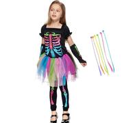 Aleshime Girls Funky Punky Bones Costumes, Rainbow Skeleton Costume Girls Halloween Funky Bones Costumes with 6 Pcs Hair Extensions