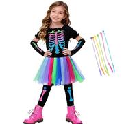 Aleshime Girls Funky Punky Bones Costumes, Rainbow Skeleton Costume Girls Halloween Funky Bones Costumes with 6 Pcs Hair Extensions
