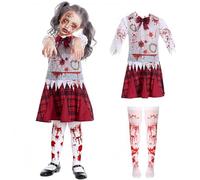 Aleshime Girls Halloween Zombie Schoolgirl Costume - School Girl Zombie Costume Kids, Childs Zombies School Girl Fancy Dress Outfit, Scary Halloween Costumes For Kids