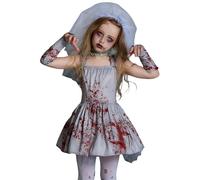 Aleshime Girls Zombie Bride Costume, Childs Gothic Ghost Bride Fancy Dress Costume Halloween Graveyard Bridal Dress for Girls Age 6-14 Years