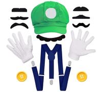 Aleshime Luigi Costume Accessories Set for Adult - Luigi Hat, Mustache, Gloves, Suspenders and Buttons, Women and Men Halloween Cosplay Fancy Dress Outfits