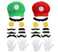 Aleshime Mario and Luigi Costume Accessories Set for Adult - Mario Hat, Luigi Hat, Mustache, Gloves and Buttons, Women and Men Halloween Cosplay Fancy Dress Outfits