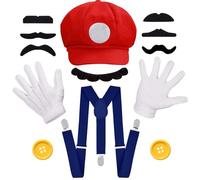 Aleshime Mario Costume Accessories Set for Adult - Mario Hat, Mustache, Gloves, Suspenders and Buttons, Women and Men Halloween Cosplay Fancy Dress Outfits