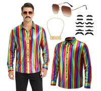 Aleshime Men's 70s Disco Costume Set, Rainbow Metallic Long Sleeve Button Down Shirt, 70s 80s Retro Fancy Dress Outfit with Disco Necklace, Vintage Sunglasses and Fake Mustaches for Halloween Carnival