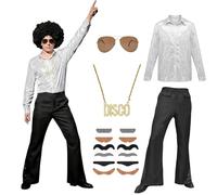 Aleshime Men's 70s Disco Costume Set, Silver Sequin Long Sleeve Shirt with Flare Pants, Retro 70s Fancy Dress Outfit with Necklace, Sunglasses and Mustaches for Halloween Disco Dance Party
