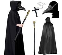 Aleshime Plague Doctor Costume Set - Plague Doctor Mask, Hooded Cloak, Cane & Cross Necklace, Scary Halloween Costume for Men Women Adults