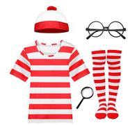 Aleshime Women Wally Costume - Red and White Striped T-Shirt with Beanie Hat Glasses and Magnifying Glass - Adults Halloween World Book Day Book Week Fancy Dress Costume