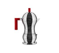 Alessi Cast Aluminium Espresso Coffee Maker. PA Handle and knob, red, 6 Cups
