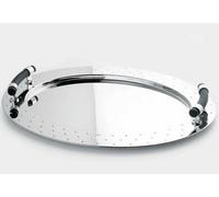 Alessi Tablett, oval aus Edelstahl glänzend poliert mit Griffen aus PA, schwarz.