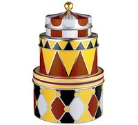 Alessi MW31S3 Circus Set of three all-purpose boxes in tinplate with decoration Ø cm 11,2 - h cm 8,3 / Ø 4 ½” - h 3 ¼” Ø cm 14,4 - h cm 9 h/Ø 5 ¾” - h 3 ½” Ø cm 17,6 - h cm 11 / Ø 7” - h 4 ¼”