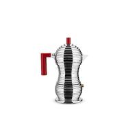 Alessi Pulcina Espresso coffee maker in cast aluminium. Handle and knob in PA, red, 3 Cups