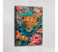 Alessio Cacciatore Modern Lion Picture - Jungle Wall Decoration - Exotic Wall Art - Lion Canvas Print - Idea Deco Nature - Colourful Fawn Canvas - Lotus Flowers Picture (120 x 80 cm)