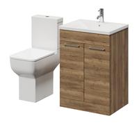 Alessio Vanity Unit and Toilet Suite including Comfort Height Toilet and Floor Standing Vanity Unit with 2 Doors and Chrome Handles | Tobacco Oak | MDF | 600mm