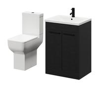 Alessio Vanity Unit and Toilet Suite including Comfort Height Toilet and Floor Standing Vanity Unit with 2 Doors and Matt Black Handles | Nero Oak | MDF | 600mm