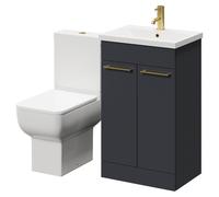 Alessio Vanity Unit and Toilet Suite including Open Back Toilet and Floor Standing Vanity Unit with 2 Doors and Brushed Brass Handles | Gloss Grey | MDF | 500mm