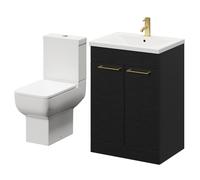 Alessio Vanity Unit and Toilet Suite including Open Back Toilet and Floor Standing Vanity Unit with 2 Doors and Brushed Brass Handles | Nero Oak | MDF | 600mm