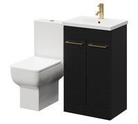 Alessio Vanity Unit and Toilet Suite including Open Back Toilet and Floor Standing Vanity Unit with 2 Doors and Brushed Brass Handles | Nero Oak | MDF | 500mm
