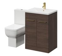 Alessio Vanity Unit and Toilet Suite including Open Back Toilet and Floor Standing Vanity Unit with 2 Doors and Brushed Brass Handles | Brown Oak | MDF | 600mm