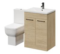 Alessio Vanity Unit and Toilet Suite including Open Back Toilet and Floor Standing Vanity Unit with 2 Doors and Gunmetal Grey Handles | Light Oak | MDF | 600mm