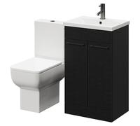 Alessio Vanity Unit and Toilet Suite including Open Back Toilet and Floor Standing Vanity Unit with 2 Doors and Gunmetal Grey Handles | Nero Oak | MDF | 500mm