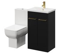 Alessio Vanity Unit and Toilet Suite including Open Back Toilet and Floor Standing Vanity Unit with 2 Doors and Brushed Brass Handles | Matt Black | MDF | 500mm