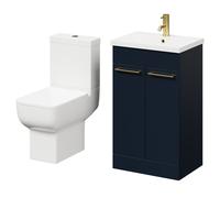 Alessio Vanity Unit and Toilet Suite including Open Back Toilet and Floor Standing Vanity Unit with 2 Doors and Brushed Brass Handles | Deep Blue | MDF | 500mm