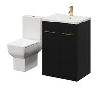 Alessio Vanity Unit and Toilet Suite including Open Back Toilet and Floor Standing Vanity Unit with 2 Doors and Brushed Brass Handles | Matt Black | MDF | 600mm