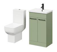 Alessio Vanity Unit and Toilet Suite including Open Back Toilet and Floor Standing Vanity Unit with 2 Doors and Matt Black Handles | Olive Green | MDF | 500mm