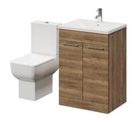 Alessio Vanity Unit and Toilet Suite including Open Back Toilet and Floor Standing Vanity Unit with 2 Doors and Chrome Handles | Tobacco Oak | MDF | 600mm