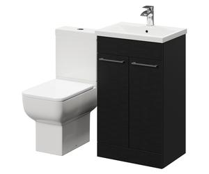Alessio Vanity Unit and Toilet Suite including Open Back Toilet and Floor Standing Vanity Unit with 2 Doors and Polished Chrome Handles | Nero Oak | MDF | 500mm