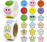 Alethron 1000 Pieces / 2 Rolls Smiley Sticker Roll 25 mm Sticker Stars Smiley Reward Star Stickers Self-Adhesive Colourful for Reward Stickers Children Primary School DIY Gifts Decorating Scrapbook