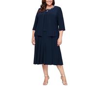 Alex Evenings Women's 2 Piece Tea Length Jacket Dress with Sequin Beaded Trim Special Occasion, Navy, 12 Petite