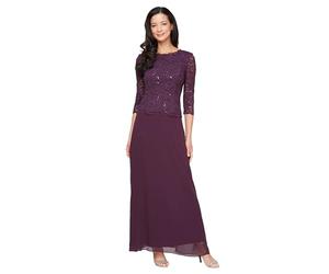 Alex Evenings Women's 3/4 Sleeve Stretch Lace Bodice Mock One Piece Gown Special Occasion Dress, Deep Plum, 12/Petite