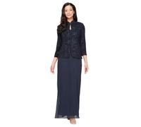 Alex Evenings Women's Jacquard Long Dress Mandarin-Neck Jacket (Petite Regular) Special Occasion, Navy, 10