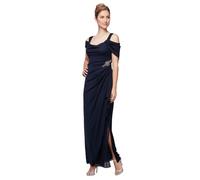 Alex Evenings Women's Long Cold Shoulder Mother of The Bride Dress with Beaded Detail at Hip, (Petite and Regular Sizes) Special Occasion, Embellished Nav, 22