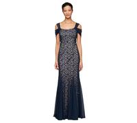 Alex Evenings Women's Long Cold Shoulder, Mother of The Bride Gown, Formal Event, Wedding Guest Dress, (Petite and Regular Sizes), Navy/Nude Lace, 18