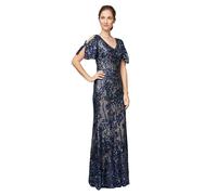 Alex Evenings Women's Long Mother of The Bride Sequin Dress with Cold Shoulder (Petite and Regular Sizes) Special Occasion, Navy/Nude Flutter Sleeve, 12