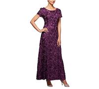 Alex Evenings Women's Long Rosette Mother of The Bride Dress with Short Sleeves, Wedding Guest (Petite and Regular Sizes) Special Occasion, Eggplant, 14