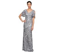 Alex Evenings Women's Long Sequin Dress with Flutter Sleeves, Silver, 14 Petite