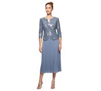 Alex Evenings Womens Petite T-Length Mock Dress with Sequin Jacket Dress - Blue - 14 Petite