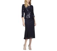 Alex Evenings Women's Plus Size Tea Length Button-Front Jacket Dress Special Occasion, Navy, 24