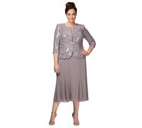 Alex Evenings Women's Plus Size Tea Length Button-Front Jacket Dress Special Occasion, Pewter/Frost, 26