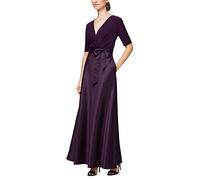 Alex Evenings Women's Satin Ballgown Formal Event Dress with Pockets and Tie Belt Regular Sizes, Eggplant, 14 Petite