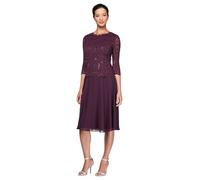 Alex Evenings Women's Tea Length Embroidered Bodice Mother of The Bride Gown, Wedding Guest Dress (Petite and Regular Sizes) Special Occasion, Deep Plum, 12