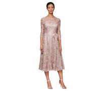 Alex Evenings Women's Tea Length Embroidered Cocktail Dress with Illusion Sleeves, Wedding Guest (Petite and Regular Sizes)