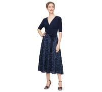 Alex Evenings Women's Tea Length Jersey and Rosette Lace Dress (Petite and Regular) Special Occasion, Navy Tie Front, 18