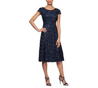 Alex Evenings Women's Tea Length Mother of The Bride Dress with Rosette Lace Detail (Petite and Regular Sizes) Special Occasion, Navy, 14