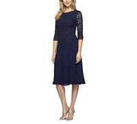 Alex Evenings Women's Tea Length Sequin Mock Dress (Petite and Regular) Special Occasion, Navy, 12